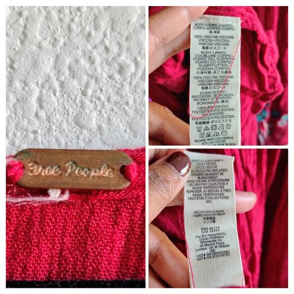 Free People Large? Red Embroider TeAmo Bell Sleeve Babydoll Mini Dress Boho READ - Picture 7 of 12